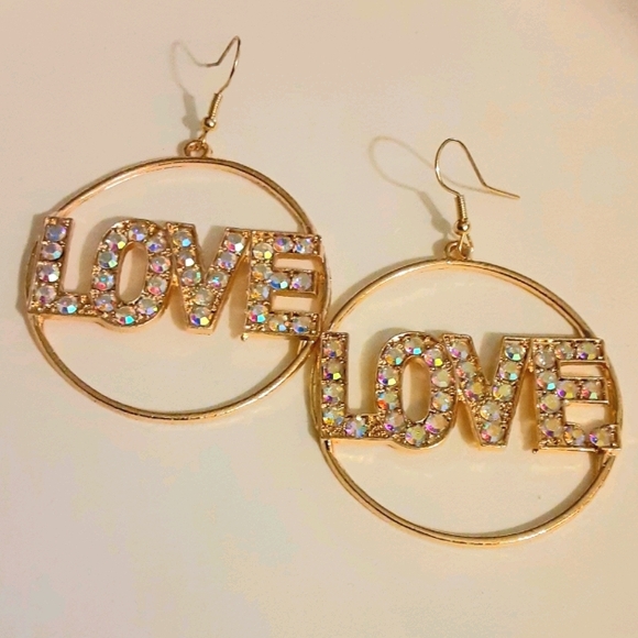 "LOVE in a circle" Irridescent Rhinestone Crystal Earrings - Goldtone - Picture 2 of 3